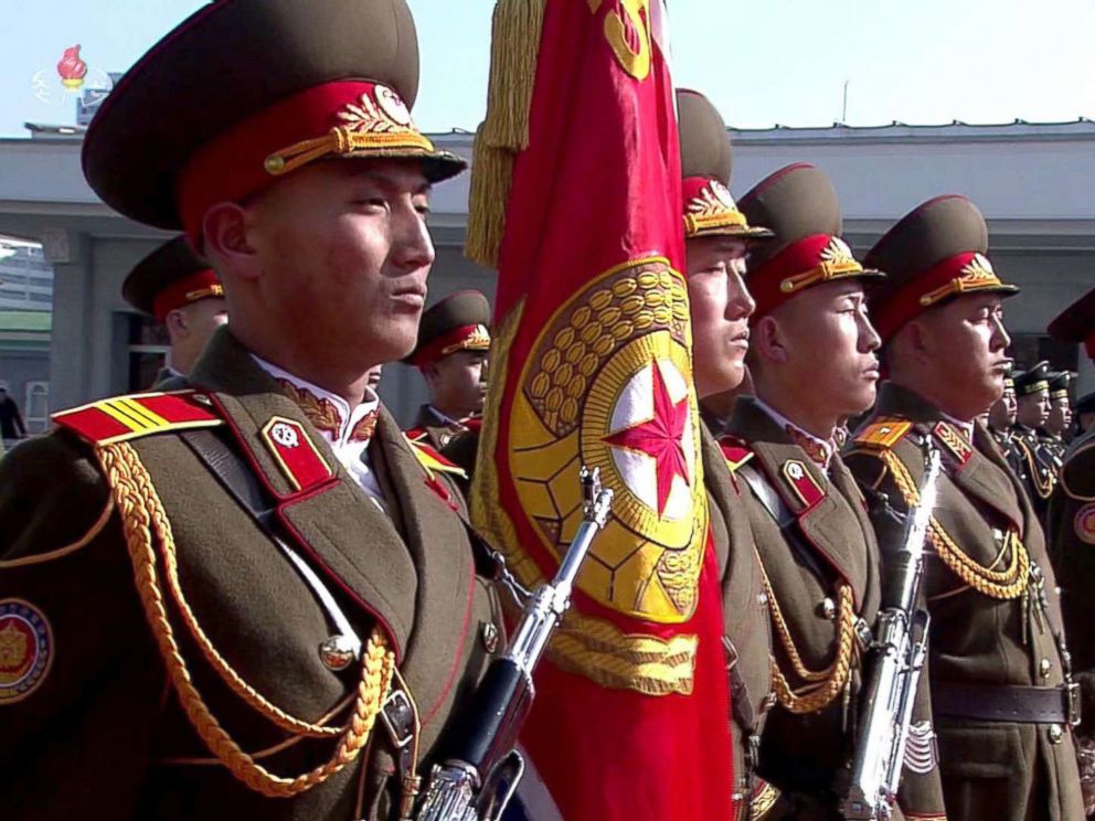 PHOTO: This screen grab taken from North Koreas KCTV, Feb. 8, 2018, shows members of North Koreas military taking part in a parade in Kim Il Sung Square in Pyongyang, North Korea.