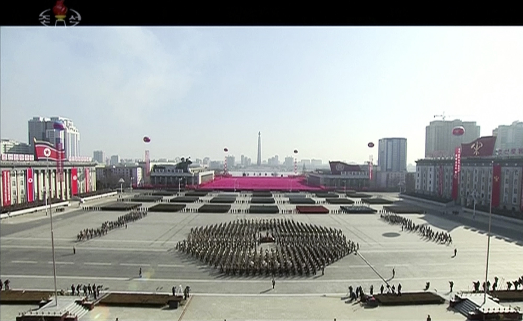 PHOTO: In this image made from video released by KRT, a military parade is held on Kim Il Sung Square, Feb. 8 2018, in Pyongyang, North Korea, just one day before South Korea holds the opening ceremony for the Pyeongchang Winter Olympics.