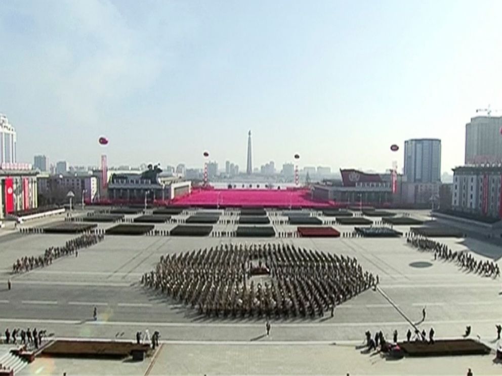PHOTO: In this image made from video released by KRT, a military parade is held on Kim Il Sung Square, Feb. 8 2018, in Pyongyang, North Korea, just one day before South Korea holds the opening ceremony for the Pyeongchang Winter Olympics.
