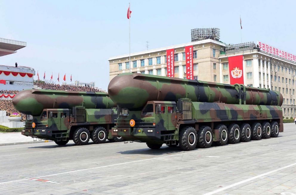 Korean People's ballistic missiles are being displayed through Kim Il-Sung square during a military parade in Pyongyang marking the 105th anniversary of the birth of late North Korean leader Kim Il-Sung, April 15, 2017.
