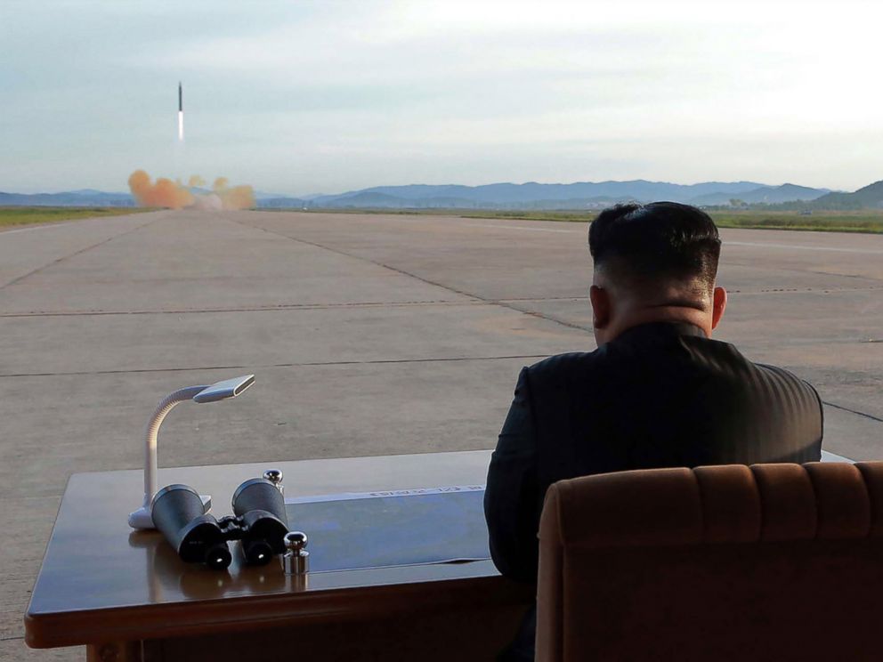 PHOTO: North Korean leader Kim Jong Un watches a launching drill of the medium-and-long range strategic ballistic rocket Hwasong-12 at an undisclosed location, in a photo released on Sept. 16, 2017 by the Korean Central News Agency.