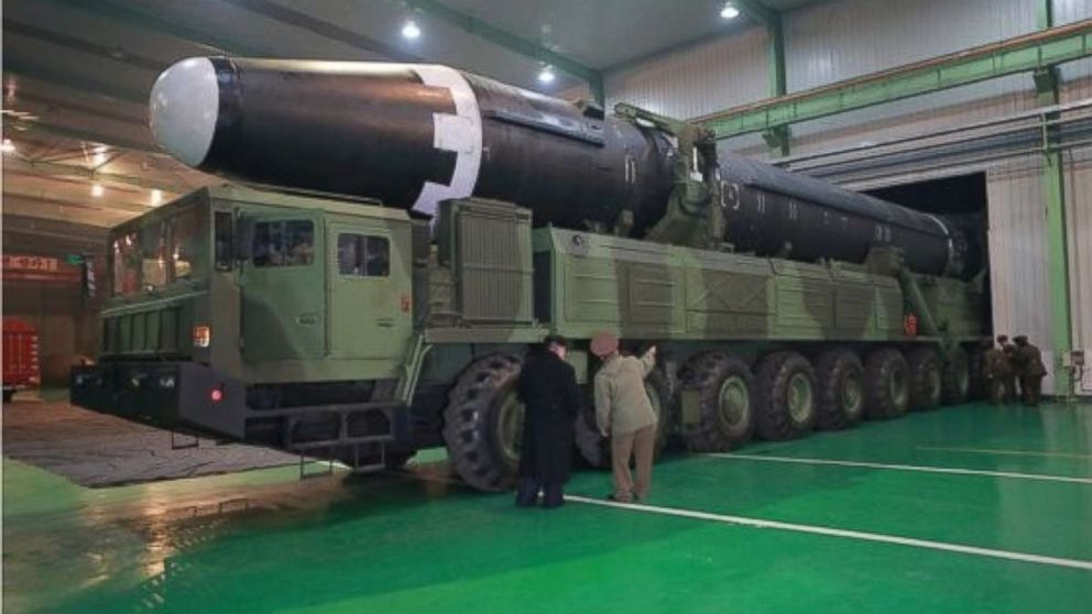 PHOTO: North Korea's leader Kim Jong Un is seen as the newly developed intercontinental ballistic rocket Hwasong-15's test was successfully launched, in photo released by North Korea's Korean Central News Agency (KCNA) in Pyongyang Nov. 30, 2017.