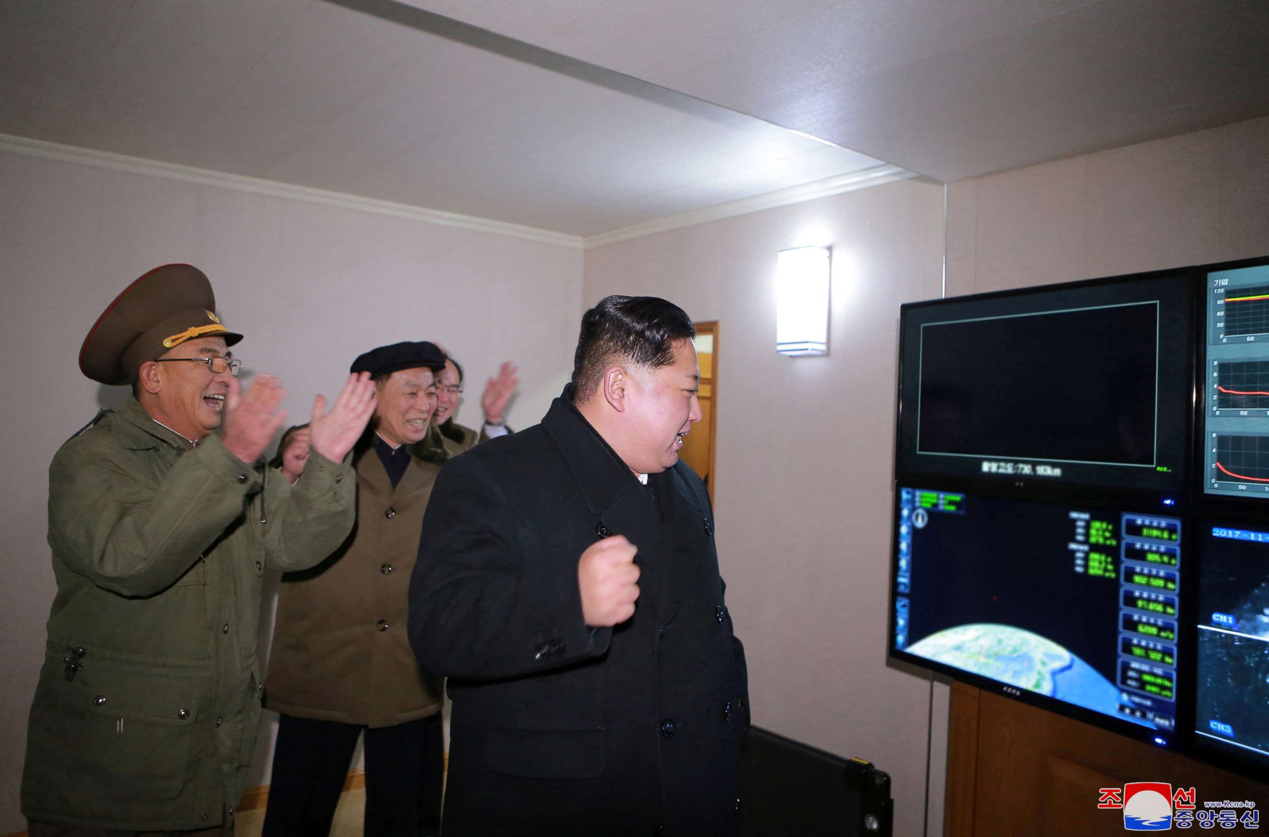 PHOTO: North Korea's leader Kim Jong Un is seen as the newly developed intercontinental ballistic rocket Hwasong-15's test was successfully launched, in this photo released by North Korea's Korean Central News Agency (KCNA) in Pyongyang Nov. 30, 2017.