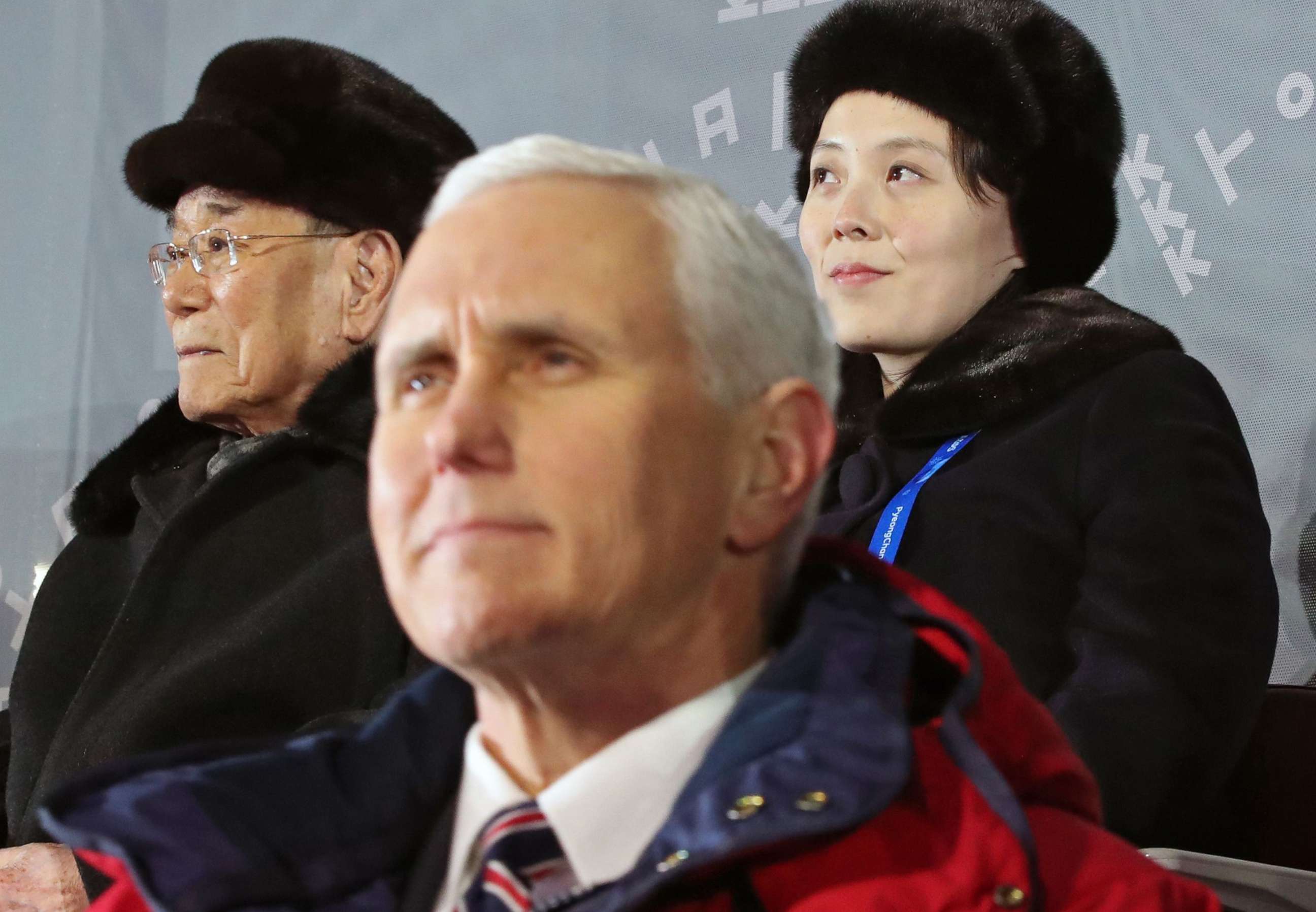 PHOTO: The sister of North Korean leader and North Korea's ceremonial head of state attend the Olympic Opening Ceremony behind Vice President Mike Pence in South Korea, Feb. 9, 2018.
