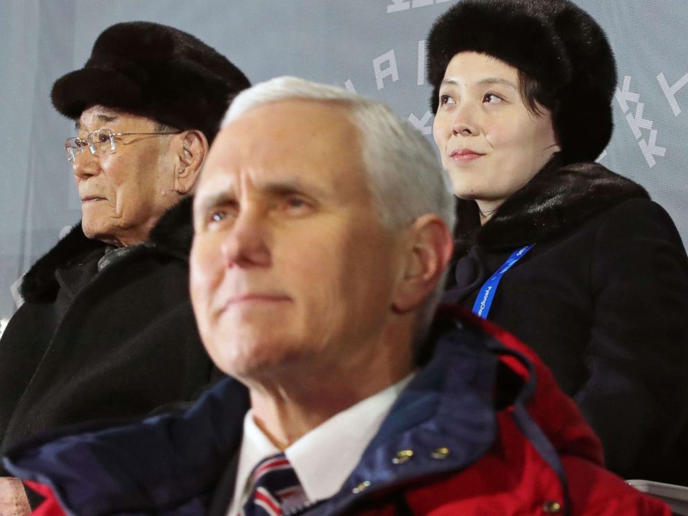 PHOTO: The sister of North Korean leader and North Koreas ceremonial head of state attend the Olympic Opening Ceremony behind Vice President Mike Pence in South Korea, Feb. 9, 2018.