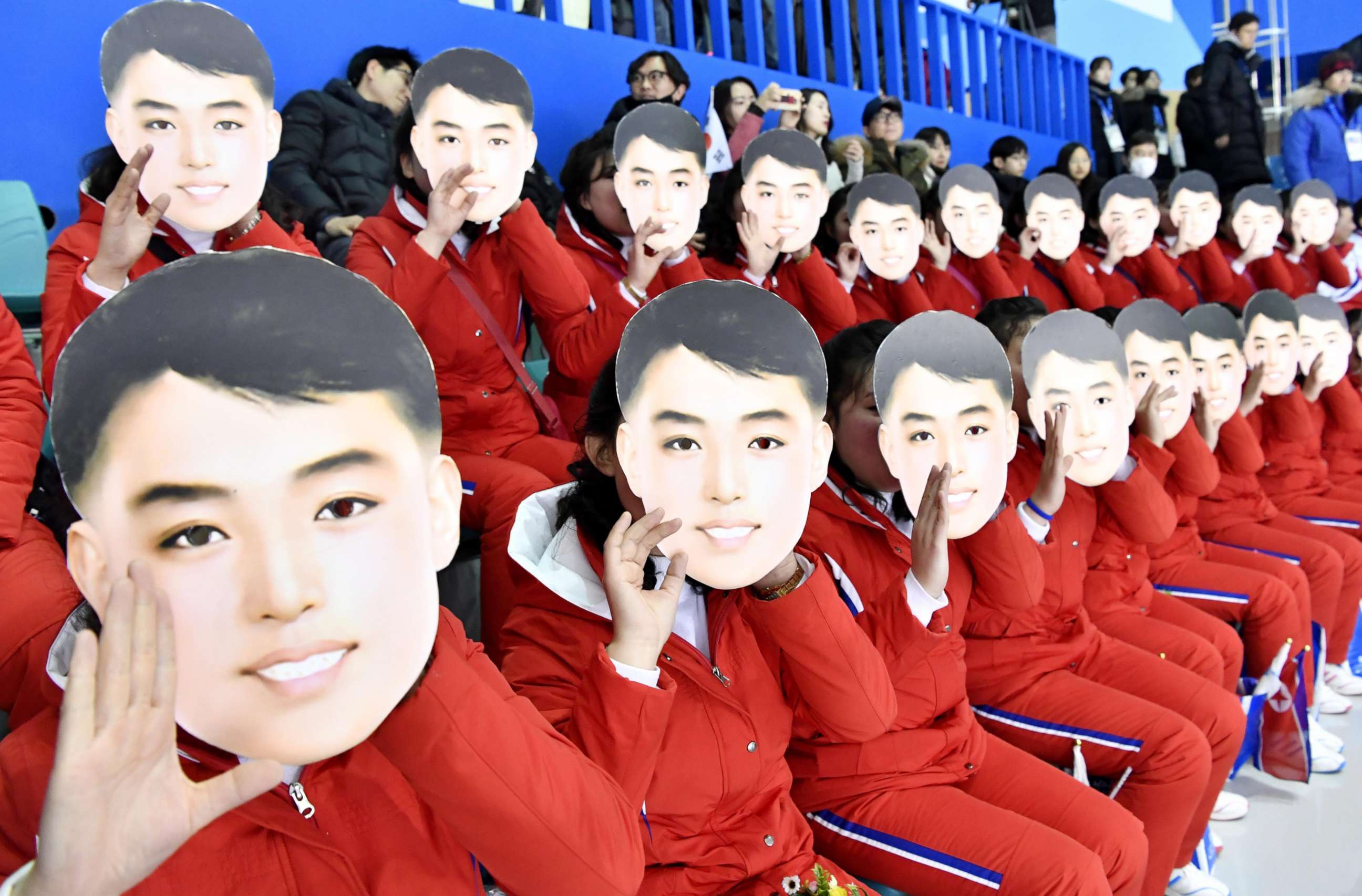 PHOTO: North Korean cheerleaders cheer the unified Korean team ahead of its women's preliminary round ice hockey game against Switzerland in Gangneung, South Korea, at the Pyeongchang Winter Olympics, Feb. 10, 2018.