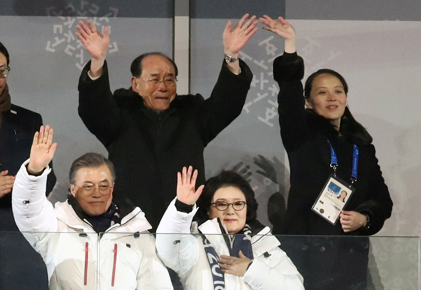 PHOTO: South Korean President Moon Jae-in and wife Kim Jung-sook, North Korea's Kim Yong Nam, and North Korean leader Kim Jong Un's sister Kim Yo Jong wave at the Winter Olympics opening ceremony in Pyeongchang, South Korea Feb. 9, 2018.  