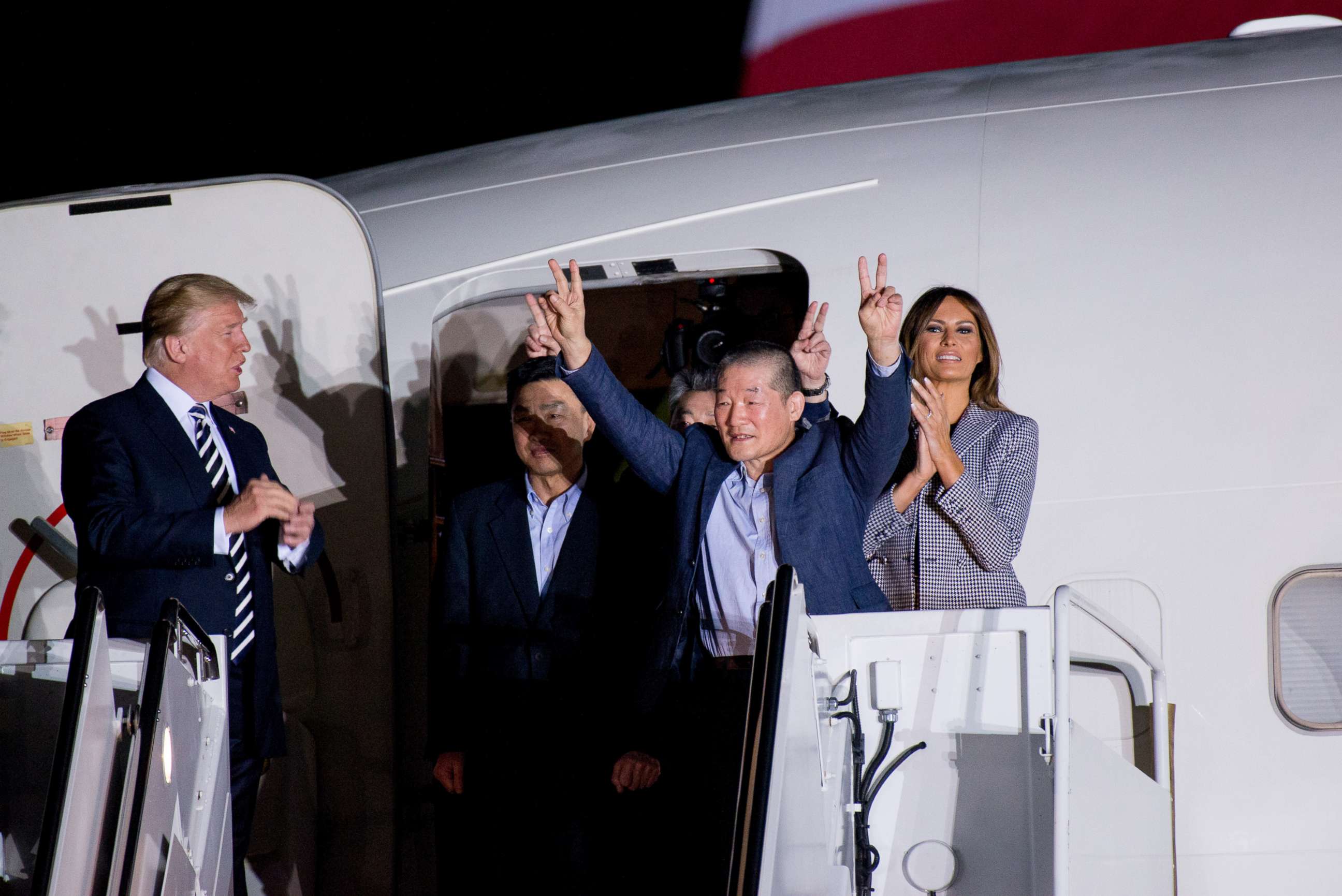 PHOTO: The three American citizens freed from North Korea are welcomed back to the U.S. by President Donald Trump and Melania, Vice President Mike Pence and Karen, and Secretary of State Mike Pompeo at Joint Base Andrews, May 10, 2018.