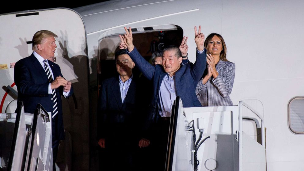 PHOTO: The three American citizens freed from North Korea are welcomed back to the U.S. by President Donald Trump and Melania, Vice President Mike Pence and Karen, and Secretary of State Mike Pompeo at Joint Base Andrews, May 10, 2018.