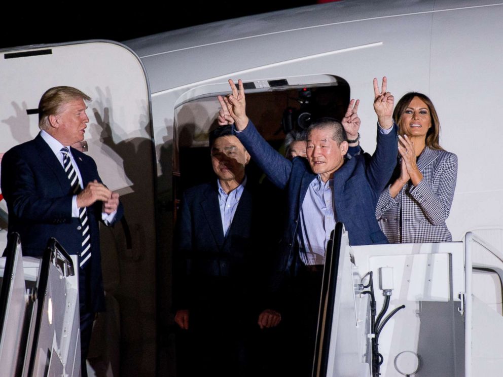 PHOTO: The three American citizens freed from North Korea are welcomed back to the U.S. by President Donald Trump and Melania, Vice President Mike Pence and Karen, and Secretary of State Mike Pompeo at Joint Base Andrews, May 10, 2018.