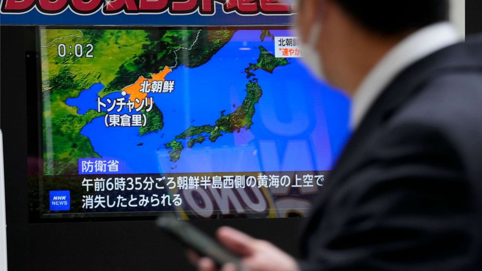 PHOTO: A public TV screen broadcasts news of North Korea's launch of its first spy satellite, on a street in Tokyo Wednesday, May 31, 2023. North Korea's attempt to put the country's first spy satellite into space failed Wednesday.