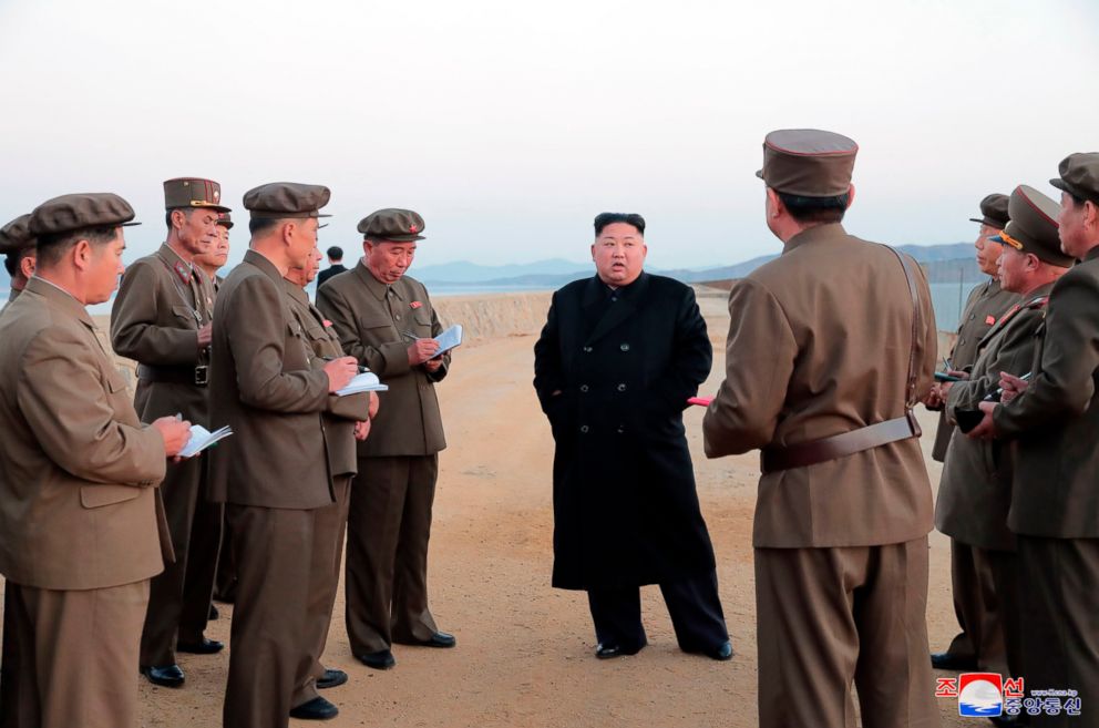 PHOTO: In this undated photo released by the North Korean government on Nov. 16, 2018, North Korean leader Kim Jong Un listens to a military official as he inspects a weapon testing at the Academy of National Defense Science, North Korea.