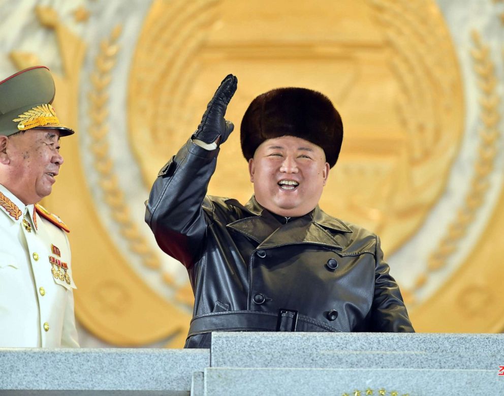 PHOTO: North Korean leader Kim Jong Un waves during a ceremony for the 8th Congress of the Workers' Party in Pyongyang, North Korea, Jan. 14, 2021.