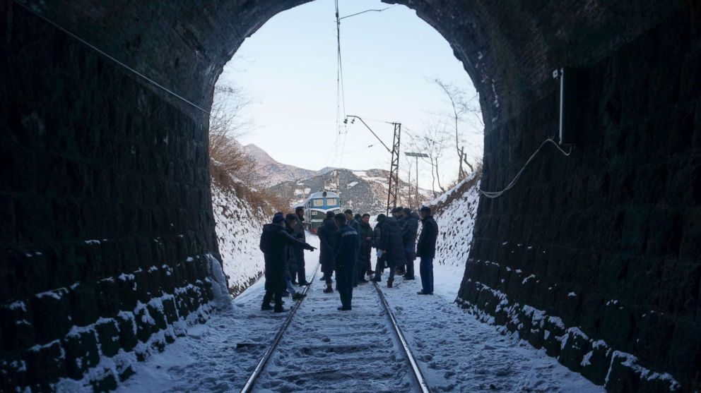 PHOTO: A group of South Korean officials and railway experts inspect the rail along North Korea's east coast, Dec 17, 2018, in Go Sung, South Korea.