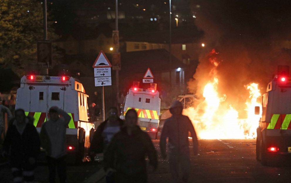 PHOTO: A car burns after petrol bombs were thrown at police in Creggan, Londonderry, in Northern Ireland, April 18, 2019.