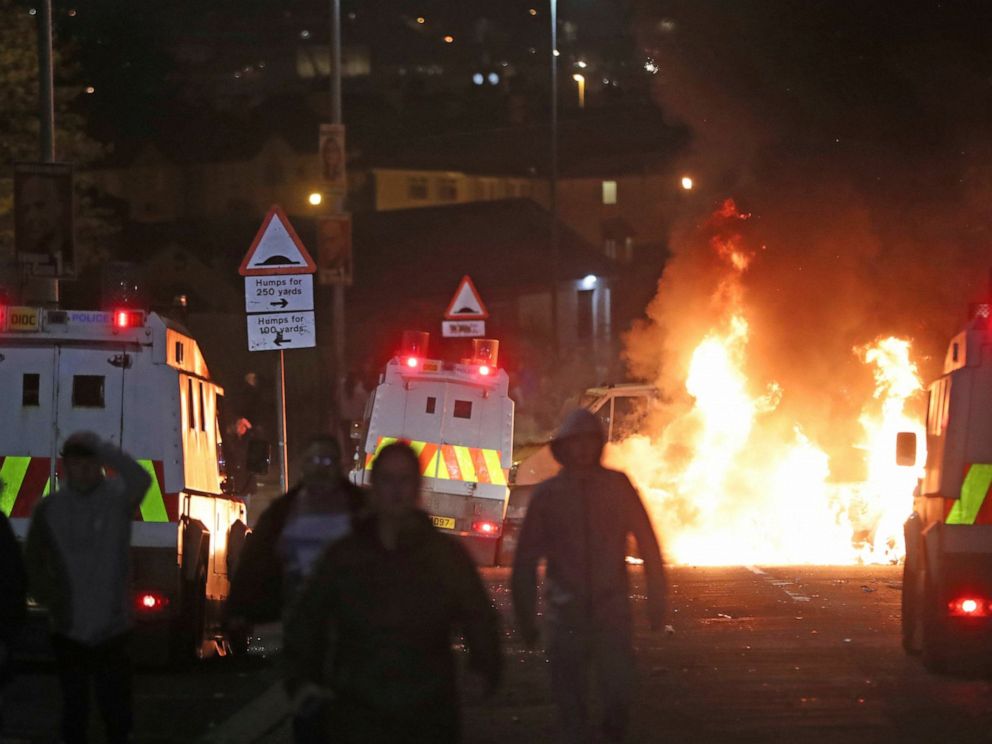 PHOTO: A car burns after petrol bombs were thrown at police in Creggan, Londonderry, in Northern Ireland, Thursday, April 18, 2019.