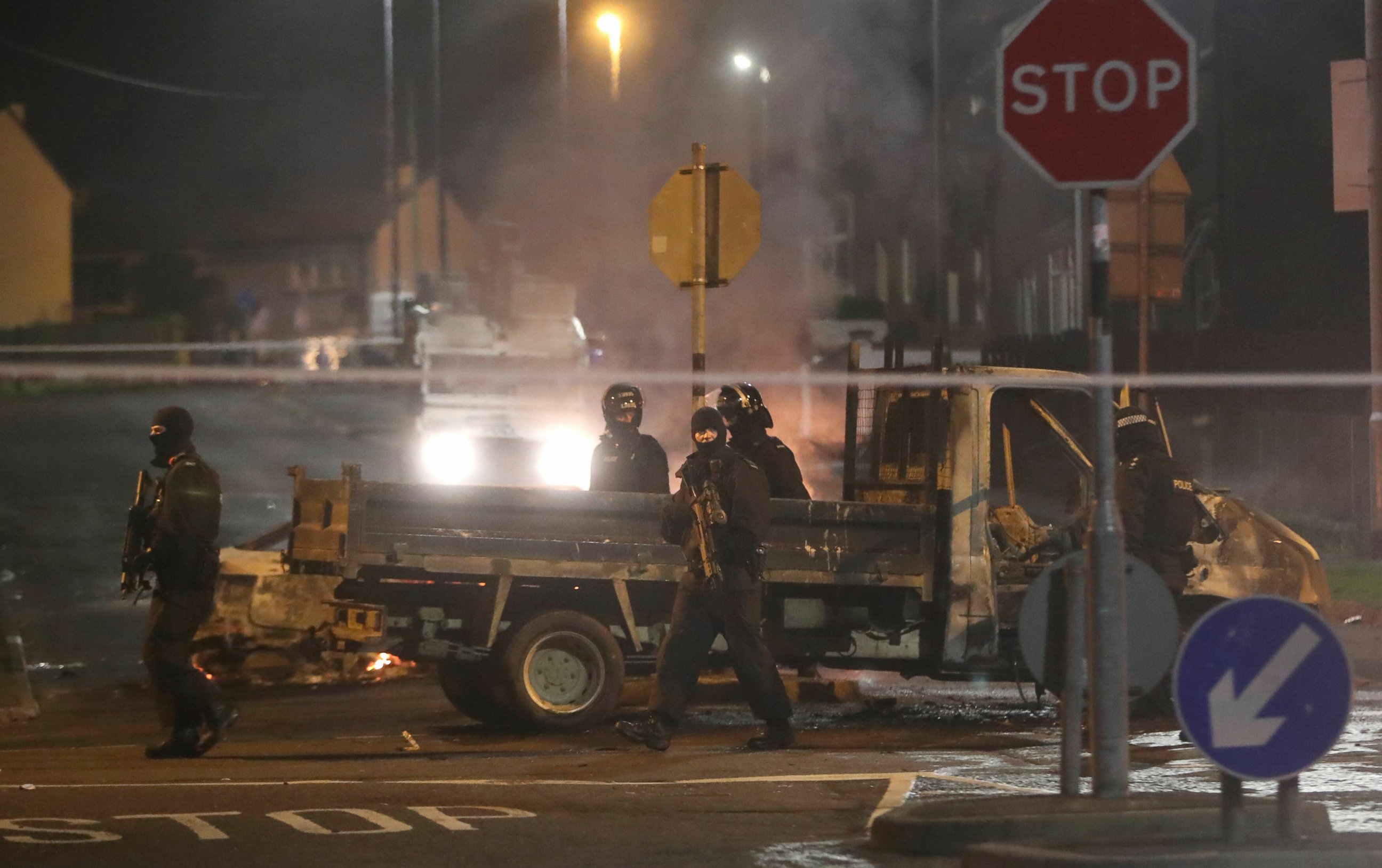 PHOTO: Police guard a crime scene during unrest in the Creggan area of Londonderry, in Northern Ireland, Thursday, April 18, 2019.