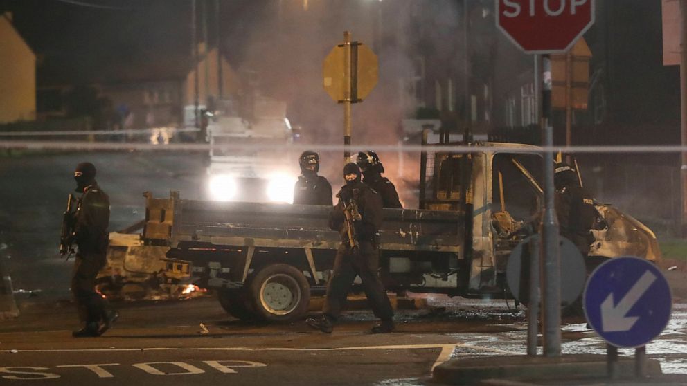 PHOTO: Police guard a crime scene during unrest in the Creggan area of Londonderry, in Northern Ireland, Thursday, April 18, 2019.