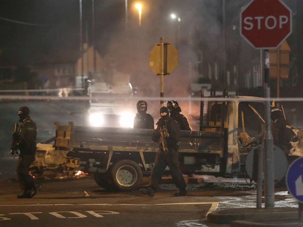 PHOTO: Police guard a crime scene during unrest in the Creggan area of Londonderry, in Northern Ireland, Thursday, April 18, 2019.