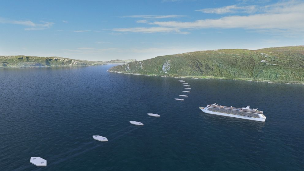 PHOTO: An illustration shows a potential submerged floating tunnel (SFT), as it would show on the surface, to cross a fjord in Norway.