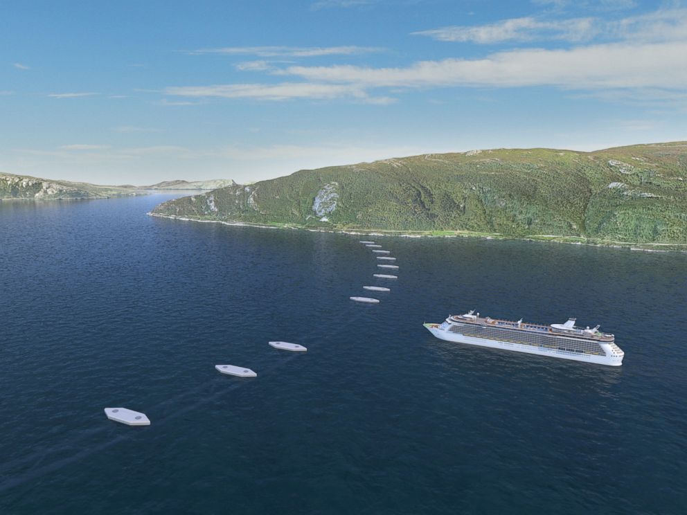 PHOTO: An illustration shows a potential submerged floating tunnel (SFT), as it would show on the surface, to cross a fjord in Norway.