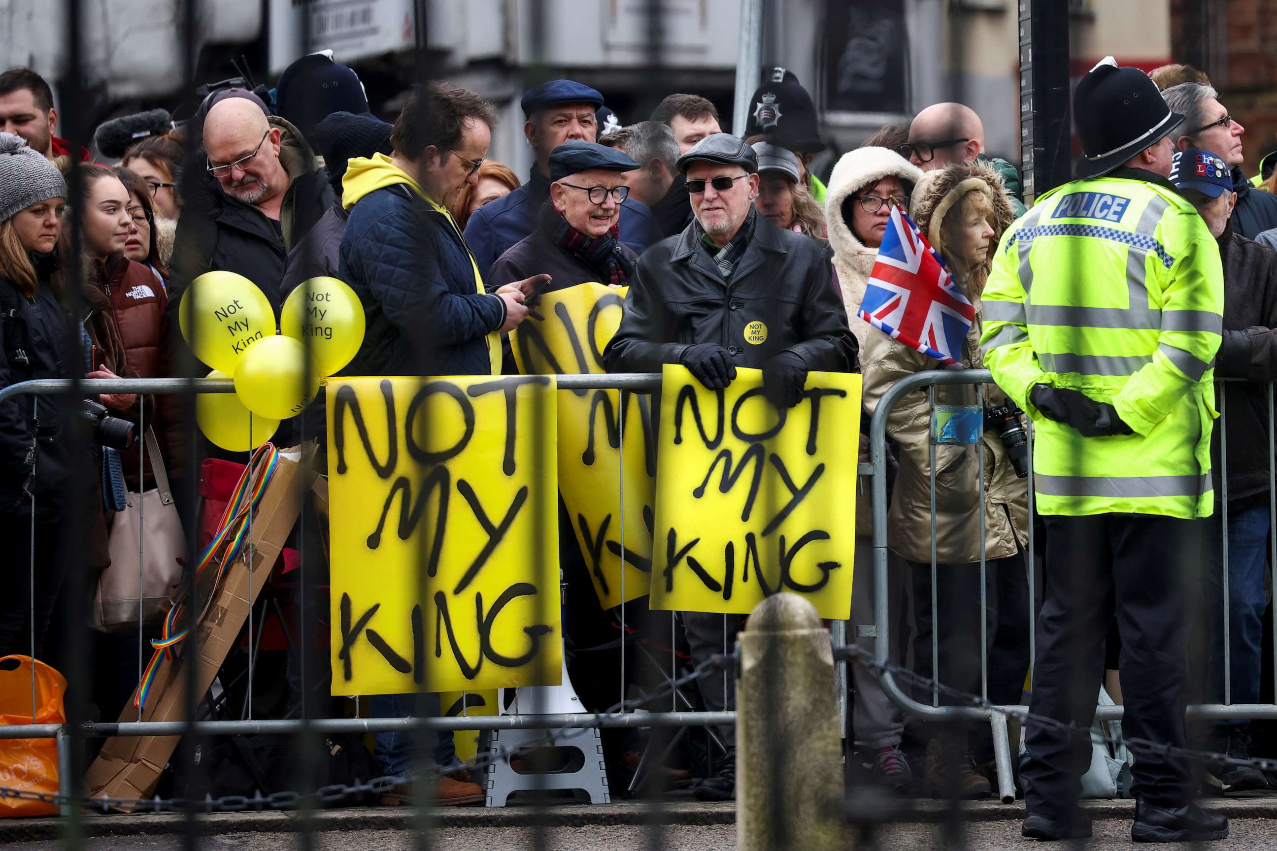 PHOTO: Anti-monarchy protesters gather on the day Britain's King Charles and Queen Camilla visit Colchester Castle in Colchester, Britain, March 7, 2023.