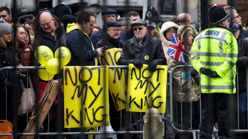 PHOTO: Anti-monarchy protesters gather on the day Britain's King Charles and Queen Camilla visit Colchester Castle in Colchester, Britain, March 7, 2023.