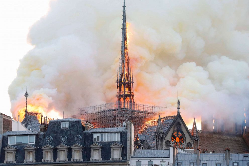 PHOTO: Flames rise during a fire at Notre-Dame Cathedral in Paris, April 15, 2019.