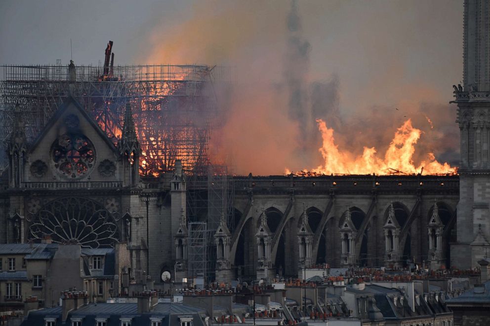 PHOTO: Flames burning the roof of the Notre-Dame Cathedral in Paris, April 15, 2019. 