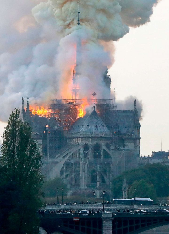 Flames rise during a fire at Notre-Dame Cathedral in Paris, April 15, 2019.