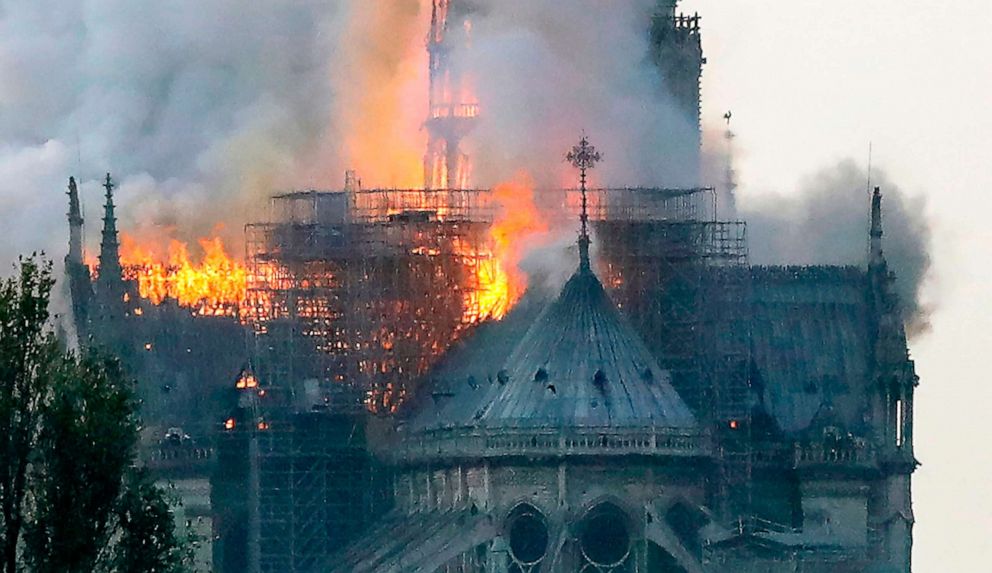 PHOTO: Flames rise during a fire at Notre-Dame Cathedral in Paris, April 15, 2019.