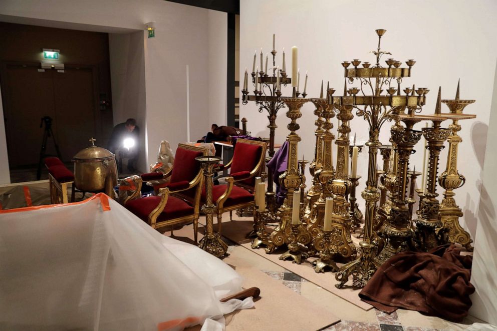 PHOTO: A picture taken on April 16, 2019 at the Paris Hotel de Ville shows some of the artworks of Notre-Dame-de-Paris sheltered as a fire devastated the cathedral.