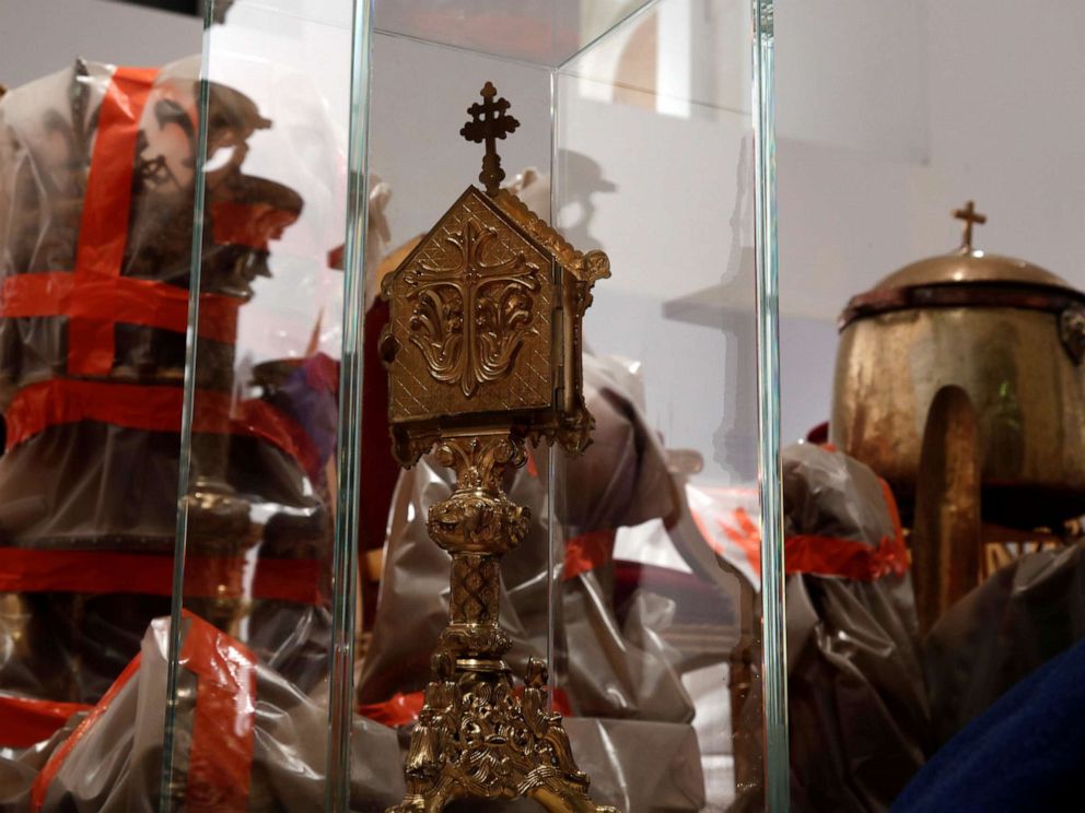 PHOTO: Saved treasures from Notre-Dame Cathedral are seen in a room at Paris city hall after a massive fire devastated large parts of the gothic cathedral in Paris, France, April 16, 2019.