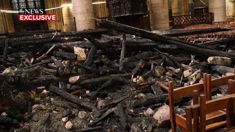 PHOTO: Remains of the spire of Notre Dame cathedral in Paris collapsed into the building's nave during a fire that destroyed much of the roof in April 2019.