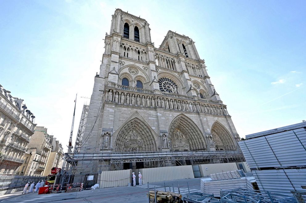 PHOTO: A picture shows the facade of the Notre-Dame cathedral in Paris on April 15, 2022, on the third anniversary of a fire that partially destroyed the cathedral.