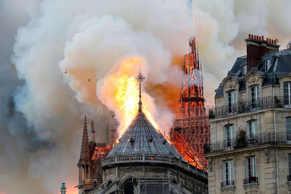 PHOTO: In this April 15, 2019 file photo flames rise during a fire at Notre-Dame Cathedral in Paris.