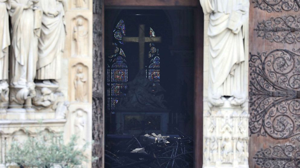 PHOTO: Charred debris inside Notre-Dame-de Paris in the aftermath of a fire that devastated the cathedral in Paris, April 16, 2019.