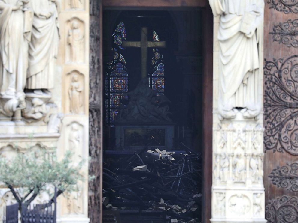 PHOTO: Charred debris inside Notre-Dame-de Paris in the aftermath of a fire that devastated the cathedral in Paris, April 16, 2019.