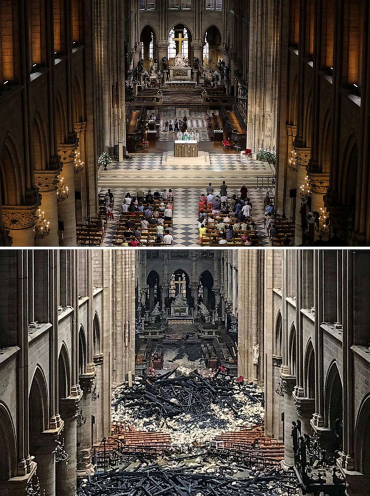 PHOTO: A combination of two pictures shows people attending a mass at the Notre-Dame de Paris Cathedral in Paris on June 26, 2018 and bottom, an interior view of the Notre-Dame Cathedral in Paris in the aftermath one day after a fire on April 16, 2019.