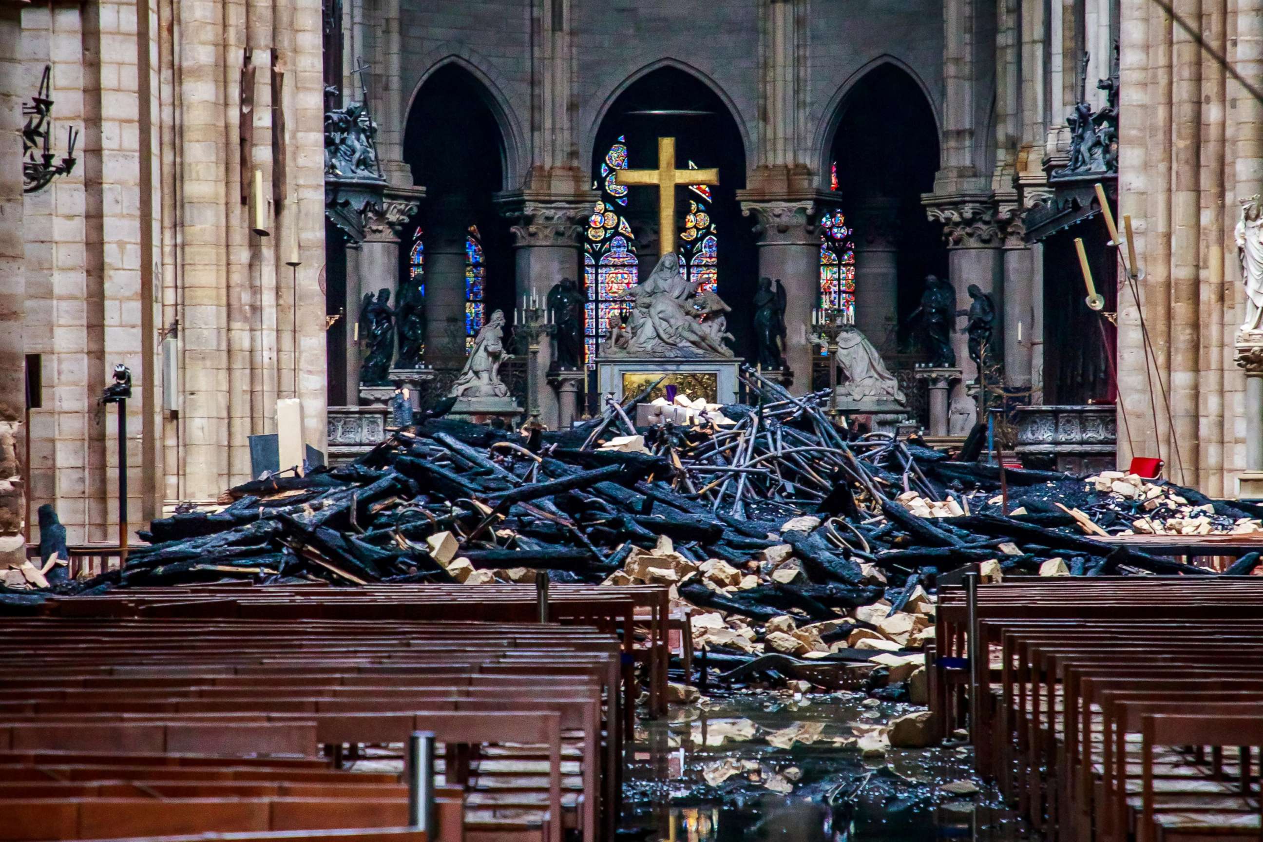 PHOTO: A view of the debris inside Notre-Dame de Paris in the aftermath of a fire that devastated the cathedral in Paris, April 16, 2019.