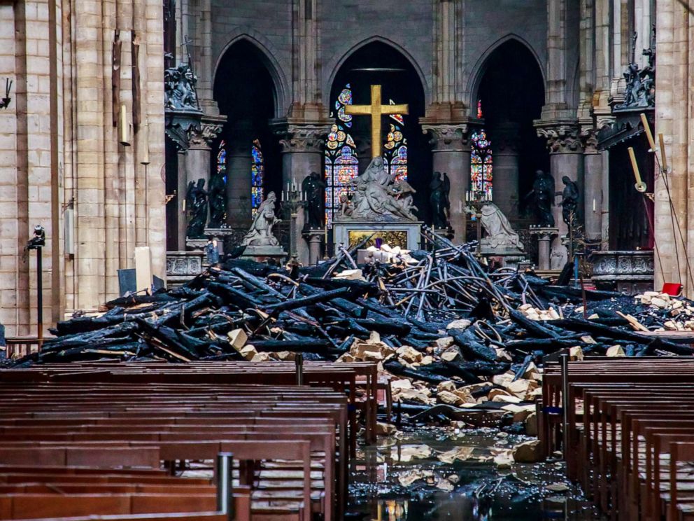 PHOTO: A view of the debris inside Notre-Dame de Paris in the aftermath of a fire that devastated the cathedral in Paris, April 16, 2019.