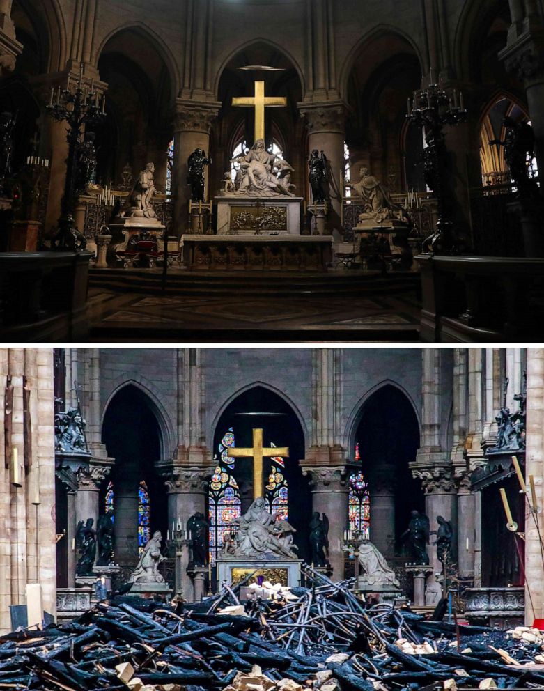 A combination of two pictures made on April 16, 2019, shows above: the heart and transept at Notre Dame de Paris Cathedral in Paris on June 26, 2018, and, bottom, the same view in the aftermath of a fire that devastated the cathedral on April 16, 2019.