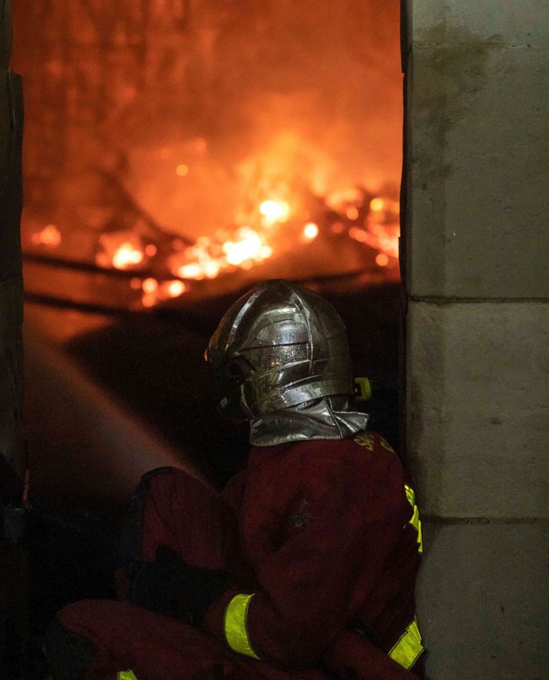 PHOTO: Fire fighters spray water inside Notre Dame cathedral, April 15, 2019.