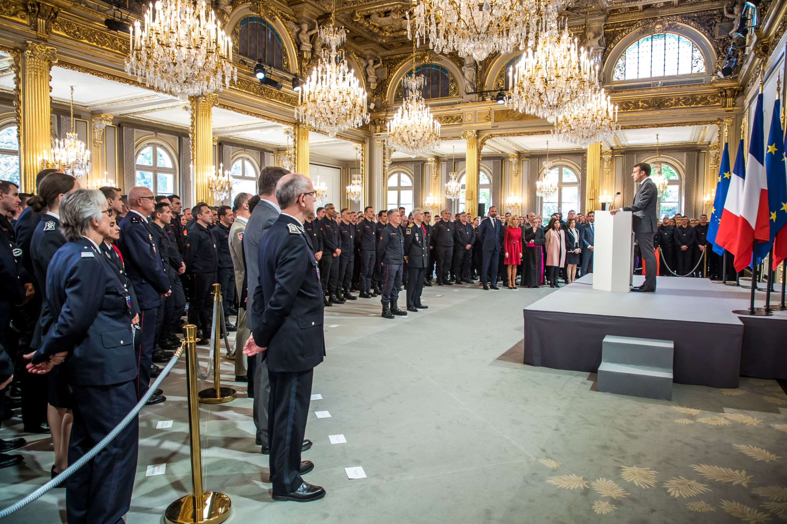 PHOTO: French President Emmanuel Macron delivers a speech for the Parisian Firefighters' brigade and security forces who took part at the fire extinguishing operations during the Notre Dame Cathedral fire, at Elysee Palace in Paris, April 18, 2019.