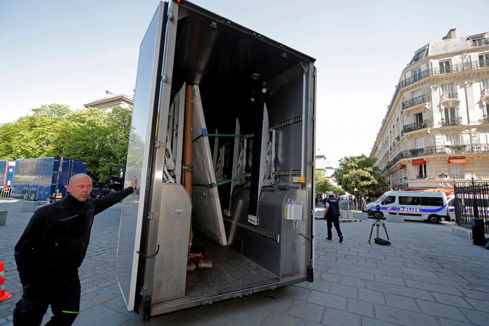 PHOTO: Large artworks are seen in a truck after being removed from Notre-Dame Cathedral to be secured after a massive fire devastated large parts of the gothic cathedral in Paris, April 19, 2019.