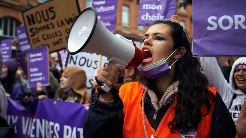 PHOTO: Women from the group NousToutes protest against sexual violence and patriarchy, Nov. 21, 2021, in Toulouse, France.