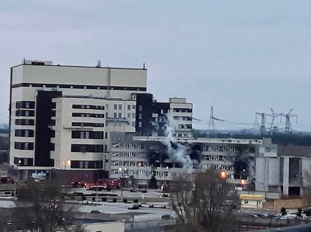 PHOTO: A view shows a damaged administrative building of the Zaporizhzhia nuclear power plant, in Enerhodar, the Zaporizhzhia region, Ukraine in a photo released March 4, 2022, by the press service of National Nuclear Energy Generating Company Energoatom.