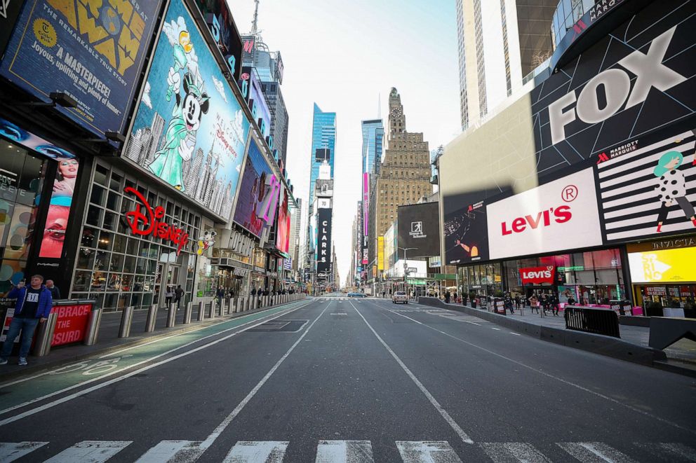 PHOTO: New York's Times Square is seen nearly empty due to the COVID-19 pandemic, March 16, 2020 in New York. 