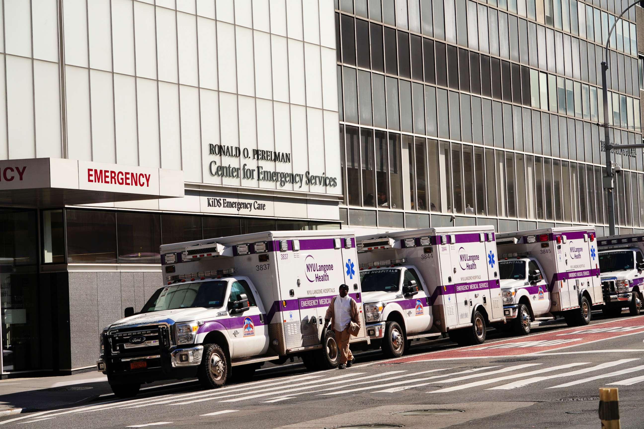 PHOTO: A view of parked ambulances in front of NYU Langone hospital amid the coronavirus (COVID-19) outbreak, March 26, 2020, in New York City.