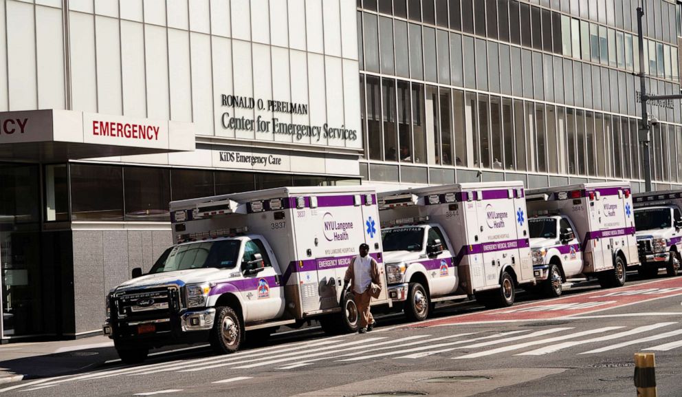 PHOTO: A view of parked ambulances in front of NYU Langone hospital amid the coronavirus (COVID-19) outbreak, March 26, 2020, in New York City.